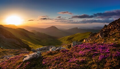 as sun dips below horizon its warm glow bathes rugged mountain landscape rolling hills sparse vegetation purple flowers stretch toward valleys where thick clouds blanket scene