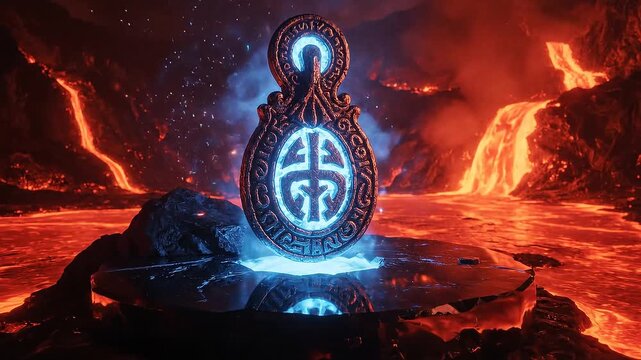 Mystical blue glowing ancient key amulet in a fiery volcanic lava landscape with flowing molten rive