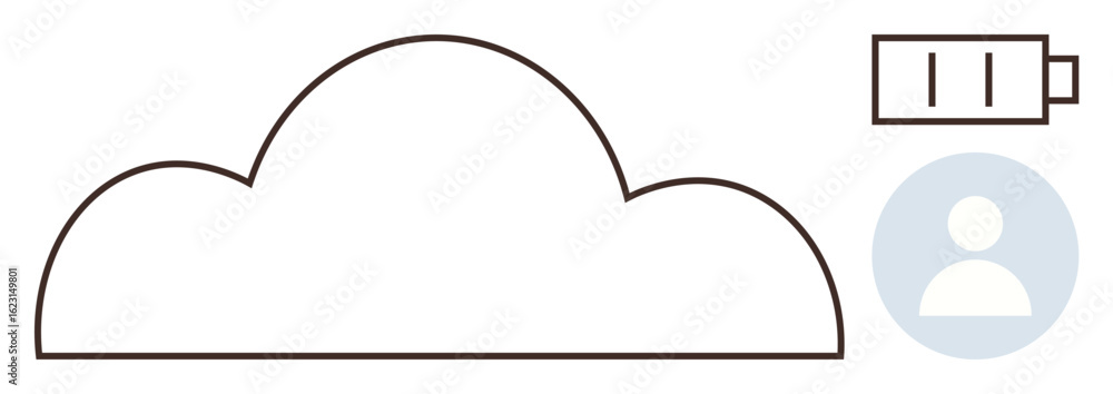 Poster cloud outline with user profile icon and low battery symbol, representing data storage, user access,