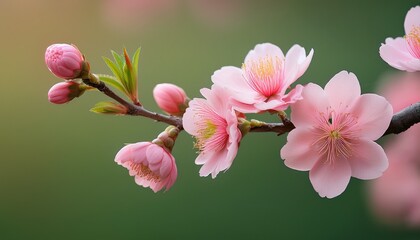 beautiful pink almond and sakura flowers adorn the branch heralding the arrival of spring with their delicate petals and bright color on a soft green background