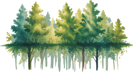 Watercolor painting of a dense summer forest canopy viewed from below with layered green foliage and yellow highlights on white background


