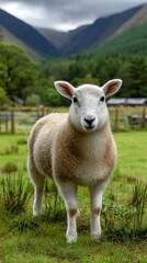 Obraz premium A fluffy white sheep stands in green grass, surrounded by distant mountains and soft clouds under a serene sky