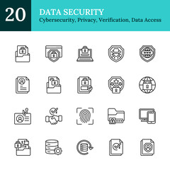 Data Security Outline Icon Sheet Vector Design - representing cybersecurity, privacy protection, identity verification, and secure data access