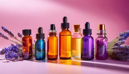 brightly colored glass bottles containing essential oils and supplements surrounded by lavender flowers on a pink background