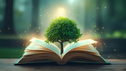 an open book with a tree growing from the pages, symbolizing knowledge, growth, and wisdom