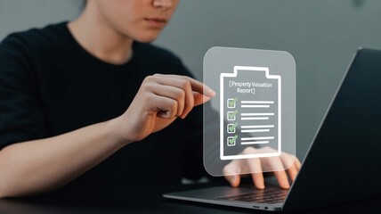 Person reviewing property valuation report on futuristic interface, symbolizing real estate analysis and financial planning for informed decisions