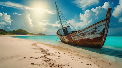 an old, weathered boat stranded on a sandy beach, with its wooden hull showing signs of wear and decay 