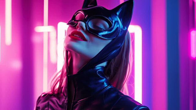 Nightclub pole dancer in leather cat mask	
