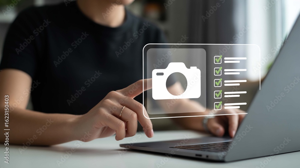 Poster person selecting digital camera checklist on transparent screen interacting with modern technology a