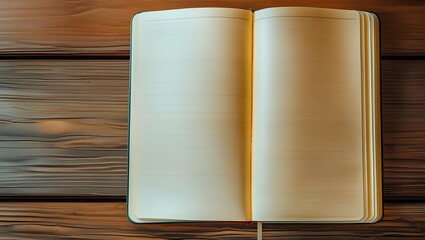 an open notebook with blank, cream-colored pages on a wooden surface