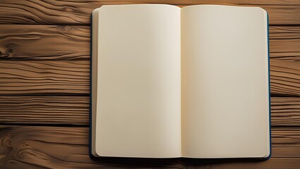 an open notebook with blank, cream-colored pages on a wooden surface