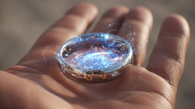 Medium shot showing a sleek augmentedreality ring creating dynamic holographic anniversary and love milestones on an open palm while the background fades softly out of focus to