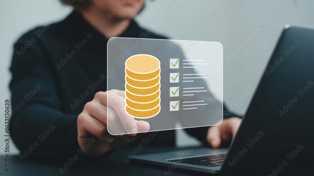 Aufkleber person interacting with a modern interface displaying stacked coins and a completed checklist, signi