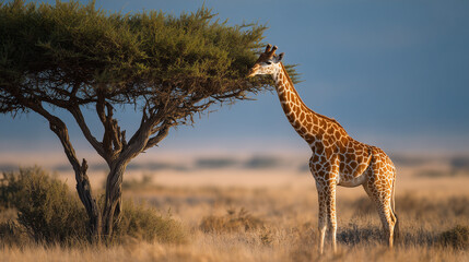 Obraz premium Giraffe Eating from Tree in African Savanna Landscape Wildlife Animal