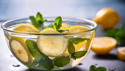 close up shot of a large glass bowl filled with crystal clear detox water infused with fresh lemon slices and vibrant green mint leaves