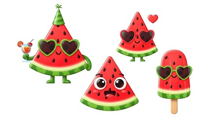 Cute watermelon characters with sunglasses and happy faces on a white background