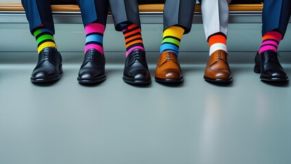 Five men wearing suits sitting side by side, showing off their colorful socks 