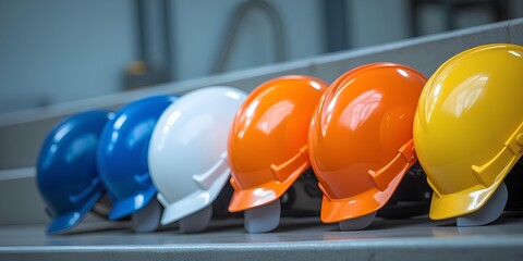 four construction helmets placed neatly on a set of steps 
