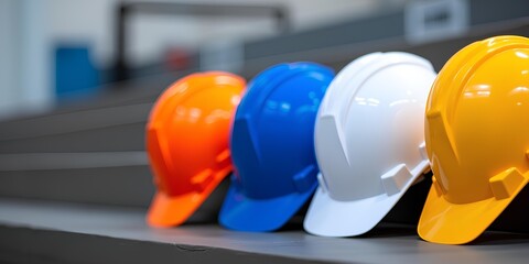 four construction helmets placed neatly on a set of steps 