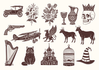 Vintage-style illustrations featuring animals, unicorn, airship, skull, sword, house, cat, crown, bicycle, flowers, and objects. © bow