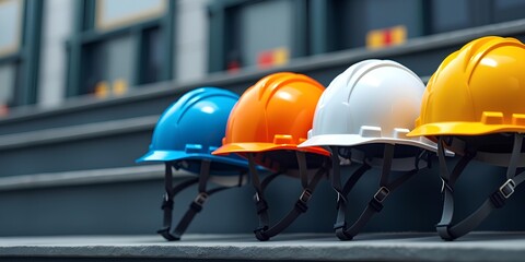 four construction helmets placed neatly on a set of steps 