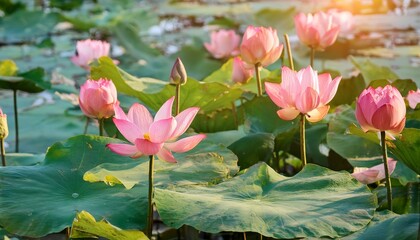 delicate pink lotus flowers rise above large green leaves in a calm pond basking in warm mid afternoon sunlight the scene displays natures serene beauty and vibrant colors