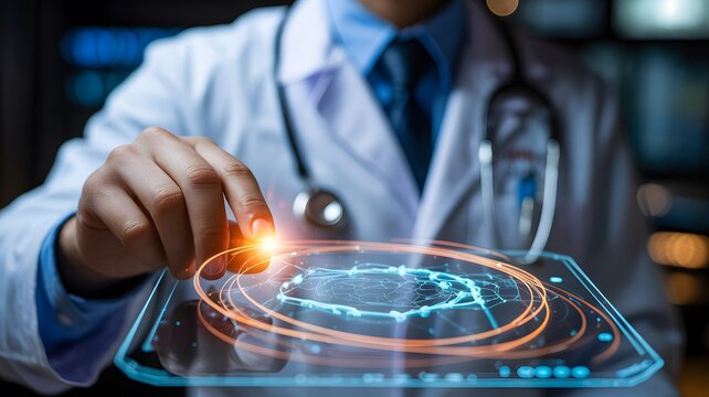 Doctor interacting with futuristic holographic brain scan on tablet - Powered by Adobe