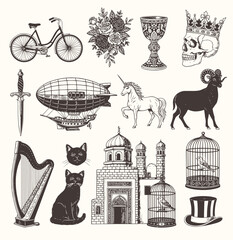 Fototapeta premium Vintage-style illustrations featuring animals, unicorn, airship, skull, sword, house, cat, crown, bicycle, flowers, and objects.