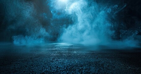 A misty, atmospheric scene with swirling blue smoke over a textured surface.