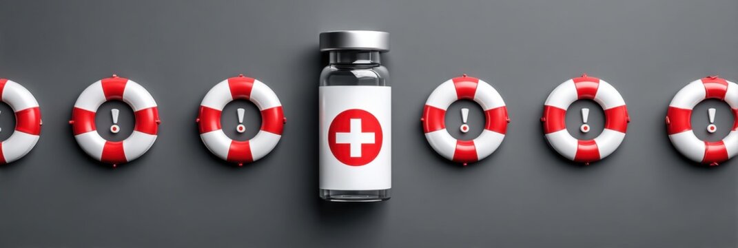 Urgent Vaccination Reminder - Syringe Icon Surrounded by Red Warning Signs on Grey Background with Copy Space