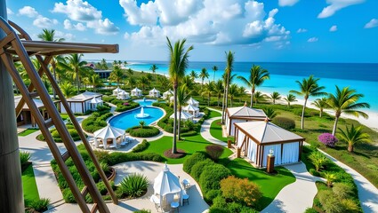 Overhead view of a luxury tropical resort with palm-lined walkways and beachfront cabanas 