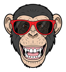 Cartoon Chimpanzee Head with Red Sunglasses Grinning