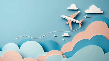paper-cutout scene of an airplane soaring through a sky with soft, pastel-colored clouds and rolling hills