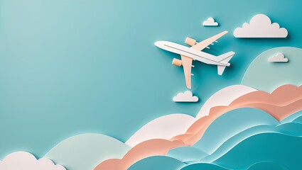 paper-cutout scene of an airplane soaring through a sky with soft, pastel-colored clouds and rolling hills