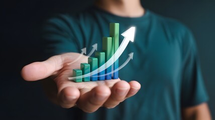 Man holding a glowing financial growth chart with upward arrow