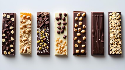 seven chocolate bars, each with a unique topping, arranged in a row