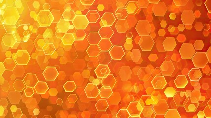 A vibrant abstract background featuring hexagonal shapes in warm orange and yellow hues.