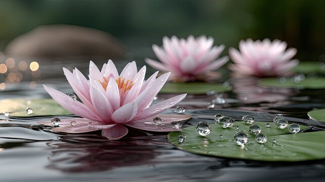 Beautiful pink water lilies bloom with dew-covered petals, creating a dreamy romantic atmosphere against a dark blue background