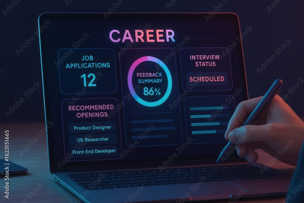 Poster laptop dashboard displaying career progress with job applications, interview schedule, and feedback 