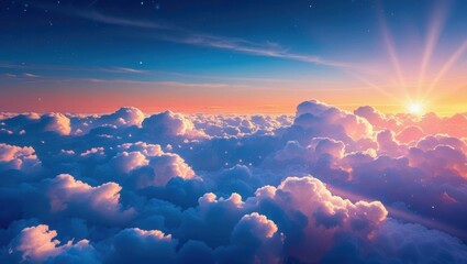 A serene sunrise casts warm colors over fluffy clouds, creating a tranquil sky filled with beauty and wonder.