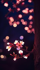 the magical glow of delicate pink flowers blossoming on a tree branch during the night 