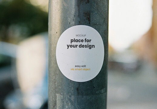 Circle Sticker on Street Metal Pole Mockup