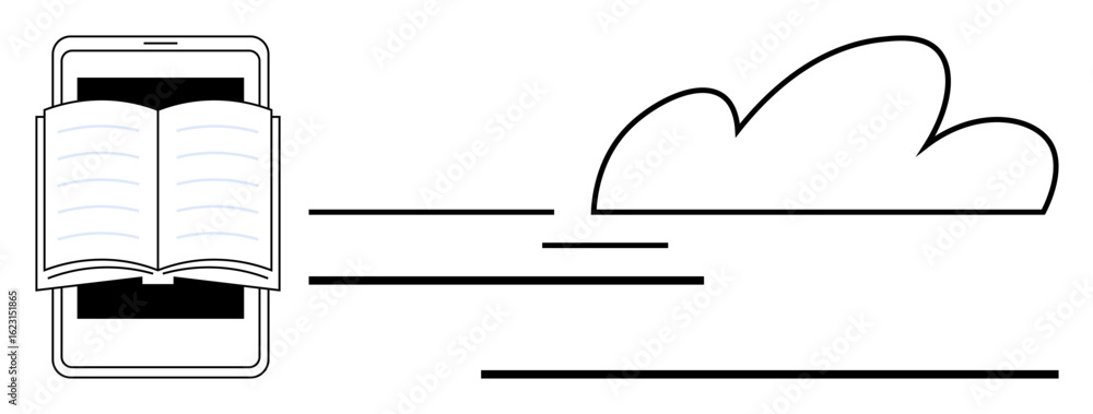 Poster open book over smartphone with lines suggesting motion and cloud icon representing digital content t