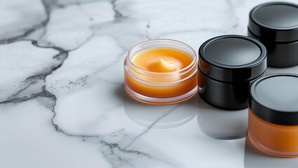 two black cosmetic jars with lids, filled with a soft orange product, possibly cream or balm