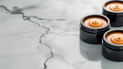 two black cosmetic jars with lids, filled with a soft orange product, possibly cream or balm
