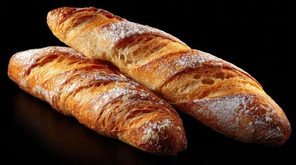 Deliciously Rich Golden Brown Croissants and Freshly Baked Baguette Set Against a Dark Elegant Background for Culinary Inspiration