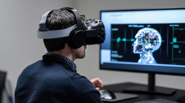Person wearing VR headset viewing a digital brain on computer screen. - Powered by Adobe