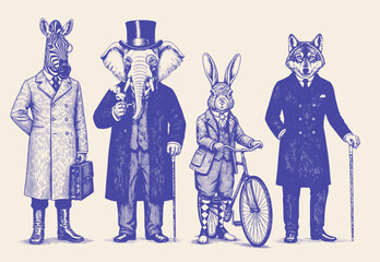 Vintage animal characters dressed as Victorian gentlemen, engraving illustration of people with animal head