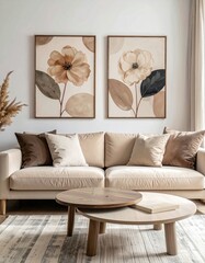 A stylish living room featuring a beige sofa, decorative pillows, and floral artwork, exuding a warm and inviting ambiance.