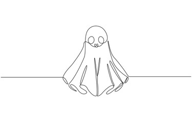 Continuous one line drawing of ghost cloth floating on the ceiling, representing the supernatural presence of Halloween spooky concept one line vector illustration.